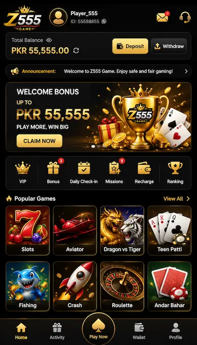Z555 Game dashboard showing mobile gaming interface and game categories