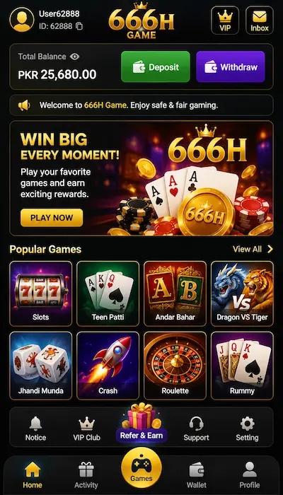 666H Game dashboard showing mobile gaming interface and game categories